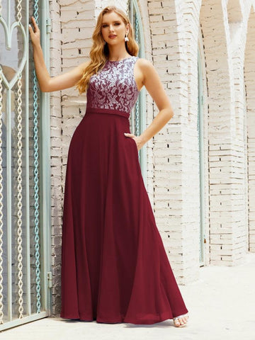 Vestido de dama de honor de encaje, largo hasta el suelo, con bolsillos, 28017 