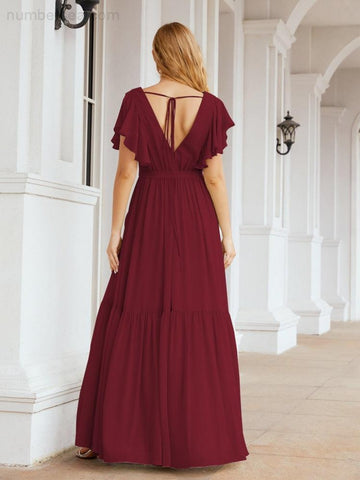 Baoleely Women's Open Back Formal Evening Party Prom Gowns V-Neck Long Chiffon Bridesmaid Dresses with Waist Belt 28038