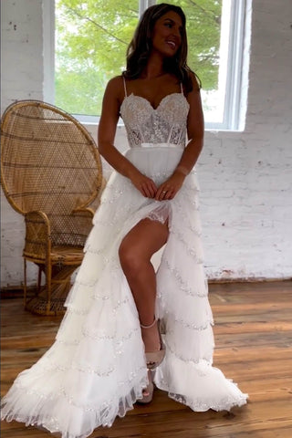 Princess A Line Spaghetti Straps White Corset Prom Dress with Appliques Ruffles