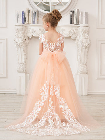 A-line Lace Tulle Sweep Train Pink Flower Girl Dress