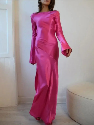 TARUXY Satin Side Slit Dress Women Elegant Party Loose Backless Long Dresses For Lady Club Solid Temperament Evening Dress Femme