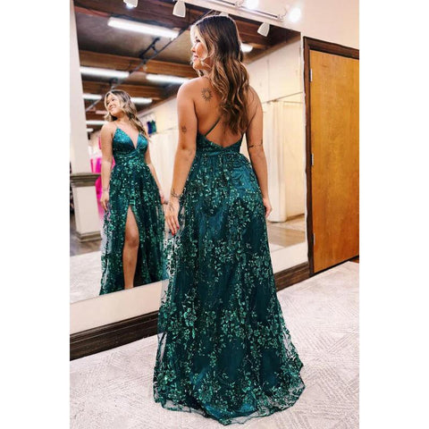 Robe de soirée élégante et luxueuse à bretelles spaghetti et col en V, coupe trapèze, fente et paillettes