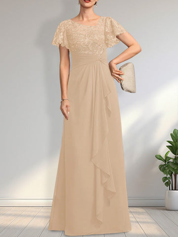 A-line Asymmetrical Illusion Floor-Length Lace Chiffon Mother of the Bride Dress With Cascading Ruffles Sequins