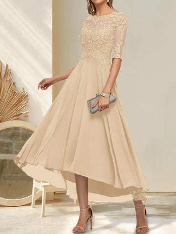 A-line Boat Neck Illusion Asymmetrical Chiffon Lace Mother of the Bride Dress With Sequins Beading