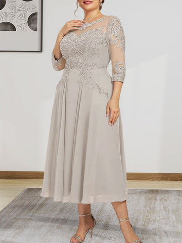 A-line Scoop Illusion Tea-Length Chiffon Lace Mother of the Bride Dress With Beading Sequins