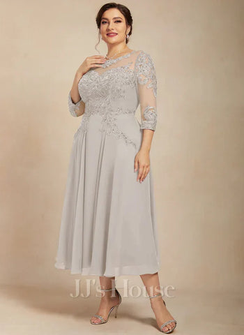 A-line Scoop Illusion Tea-Length Chiffon Lace Mother of the Bride Dress With Beading Sequins