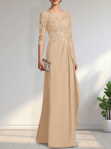 A-line Scoop Illusion Floor-Length Chiffon Lace Mother of the Bride Dress With Beading Sequins Cascading Ruffles
