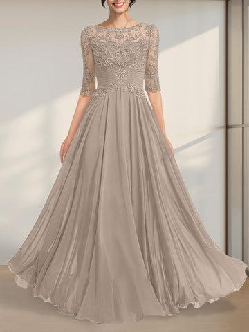 A-line Scoop Illusion Floor-Length Chiffon Lace Mother of the Bride Dress With Pleated Sequins