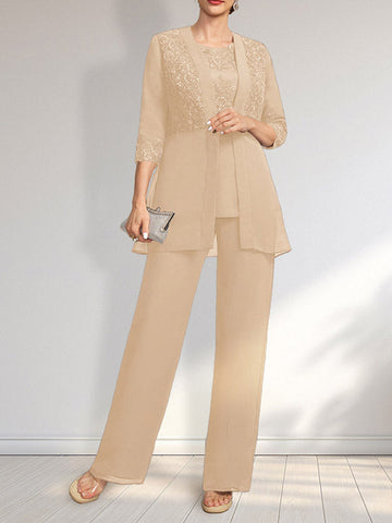 Jumpsuit/Pantsuit Separates Scoop Floor-Length Chiffon Lace Mother of the Bride Dress With Sequins
