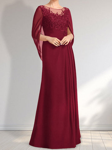 A-line Scoop Illusion Floor-Length Lace Chiffon Mother of the Bride Dress With Pleated Sequins