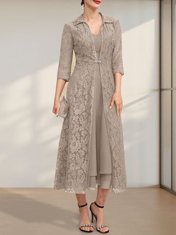 A-line V-Neck Tea-Length Chiffon Mother of the Bride Dress