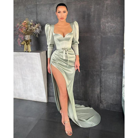 Vestidos de noche formales sexys con escote en V, pliegues, aberturas laterales y mangas largas 