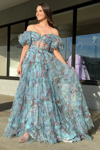 Gorgeous A Line Off the Shoulder Pink Floral Printed Corset Prom Dress with Sweep Train