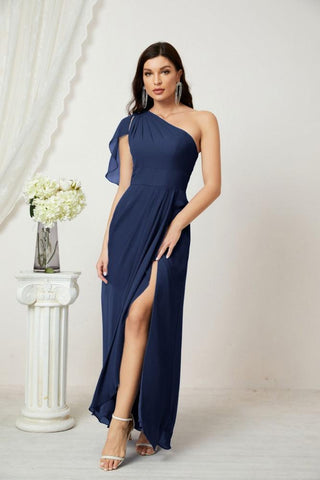 Robe de demoiselle d'honneur longue en mousseline de soie à volants et à une épaule, coupe trapèze, robe de soirée formelle fendue sur le côté, 2809