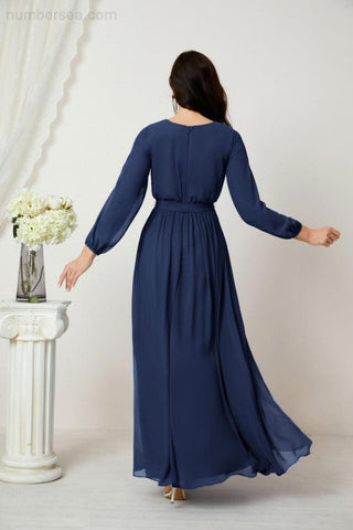 Sunnderly Evening Dresses Deep V-Neck Chiffon Bridesmaid Dresses Long Bishop Sleeve Side Split Formal Dress SY2806