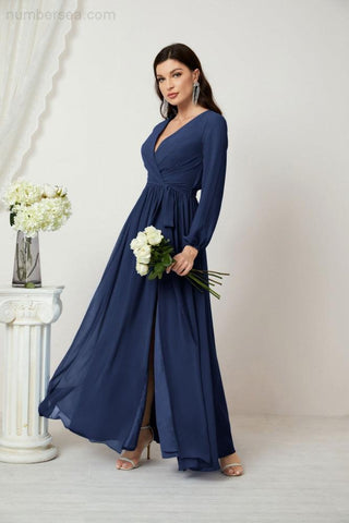 Sunnderly Evening Dresses Deep V-Neck Chiffon Bridesmaid Dresses Long Bishop Sleeve Side Split Formal Dress SY2806