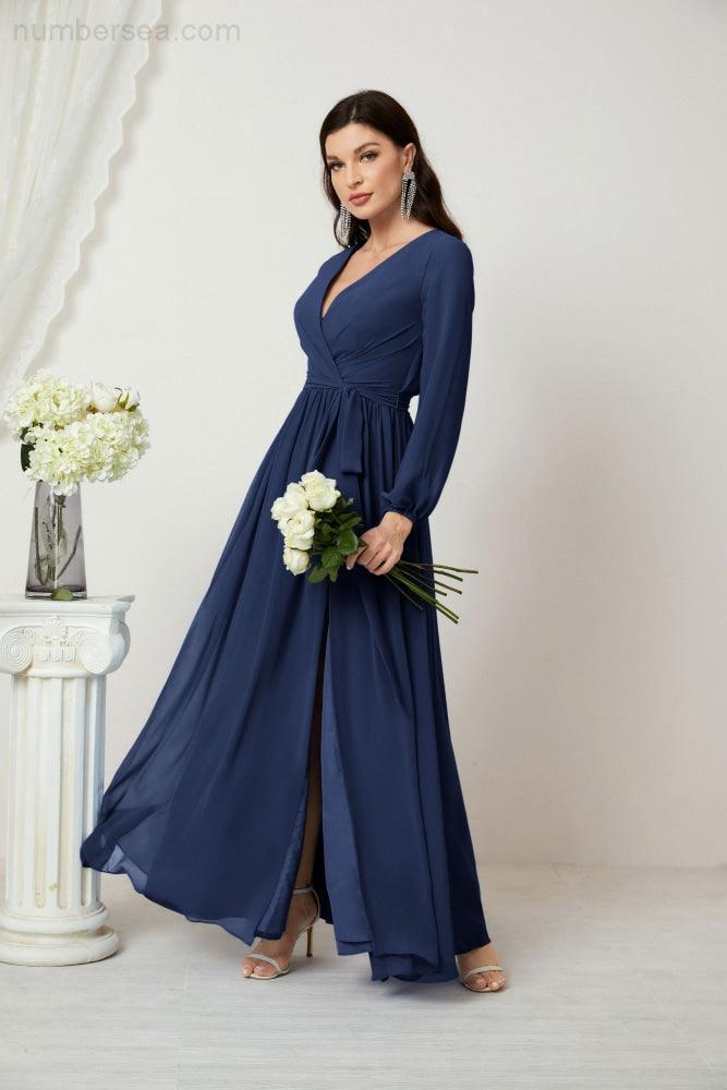 Numbersea Evening Dresses Deep V-Neck Chiffon Bridesmaid Dresses Long Bishop Sleeve Side Split Formal Dress 2806