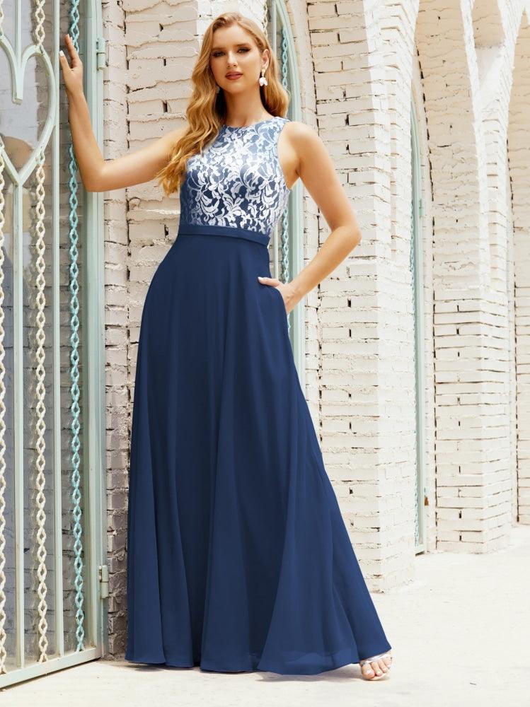 Lace Bridesmaid Dress Floor Length Evening Gowns with Pockets 28017