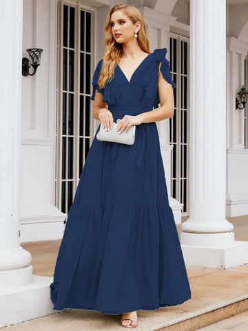 Baoleely Women's Open Back Formal Evening Party Prom Gowns V-Neck Long Chiffon Bridesmaid Dresses with Waist Belt 28038