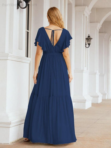 Baoleely Women's Open Back Formal Evening Party Prom Gowns V-Neck Long Chiffon Bridesmaid Dresses with Waist Belt 28038