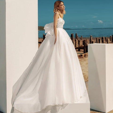 A-Line Bohemian Wedding Dresses Women's Sweetheart Spaghetti Strap Backless Vestido De Beaded Shiny Back Bowknot Robe De Mariee