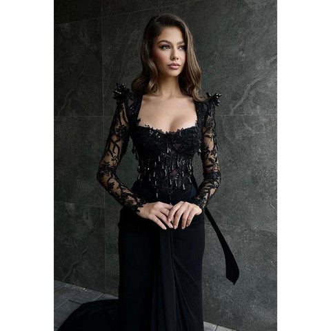 Vestido de noche largo estilo sirena con escote cuadrado, mangas largas, encaje y cuentas, con abertura