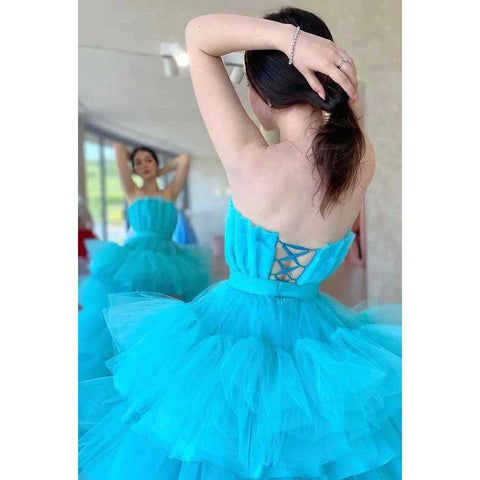 Vestido de fiesta de tul con cordones, corte A, sin tirantes, alto bajo