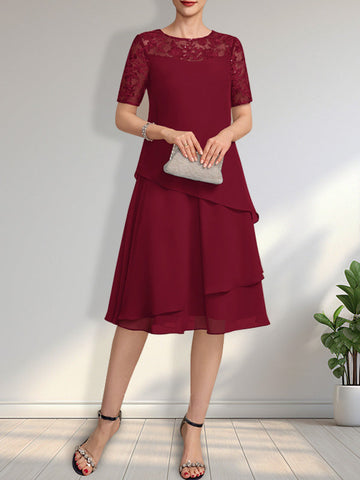 A-line Scoop Illusion Knee-Length Lace Chiffon Mother of the Bride Dress With Sequins