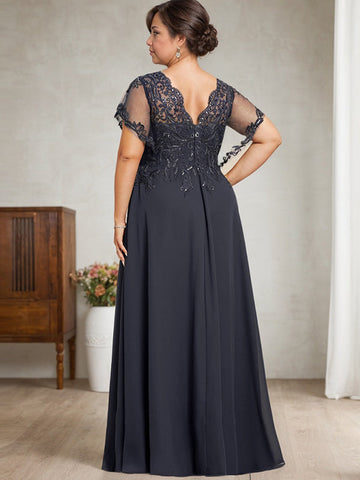 A-line V-Neck Floor-Length Lace Chiffon Mother of the Bride Dress With Sequins