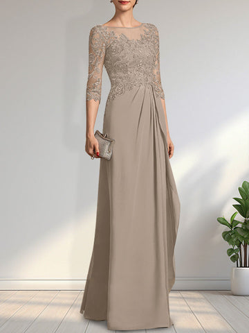 A-line Scoop Illusion Floor-Length Chiffon Lace Mother of the Bride Dress With Beading Sequins Cascading Ruffles