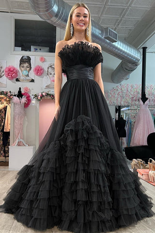 Robe de bal longue rose en tulle à volants, coupe trapèze, sans bretelles