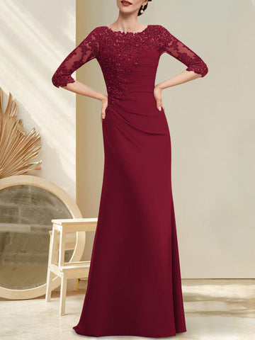 A-line Scoop Floor-Length Chiffon Lace Mother of the Bride Dress With Beading Pleated Sequins