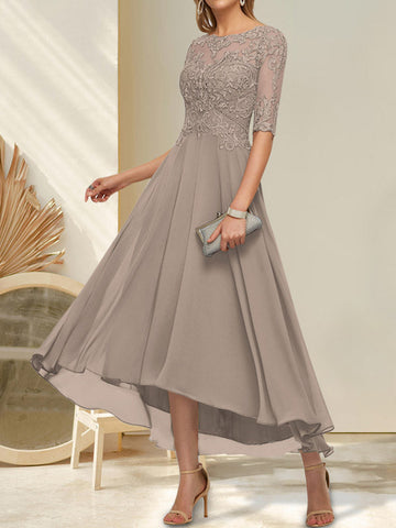 A-line Boat Neck Illusion Asymmetrical Chiffon Lace Mother of the Bride Dress With Sequins Beading