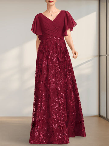 A-line V-Neck Floor-Length Lace Sequin Chiffon Mother of the Bride Dress With Pleated
