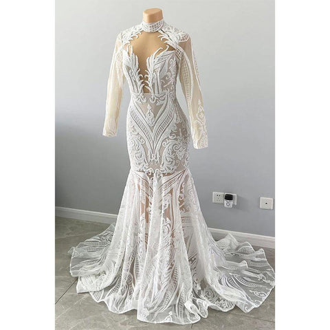 Robe de bal sirène américaine unique à col haut et manches longues avec appliques de paillettes 