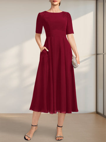 A-line Scoop Tea-Length Chiffon Mother of the Bride Dress With Appliques Lace Sequins