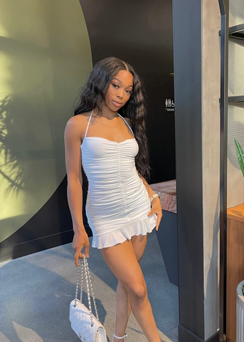 Vestido blanco ajustado con fruncido, minivestido blanco para fiesta de bienvenida Y2443