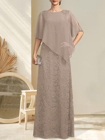 Sheath/Column Scoop Floor-Length Chiffon Lace Mother of the Bride Dress With Sequins Beading