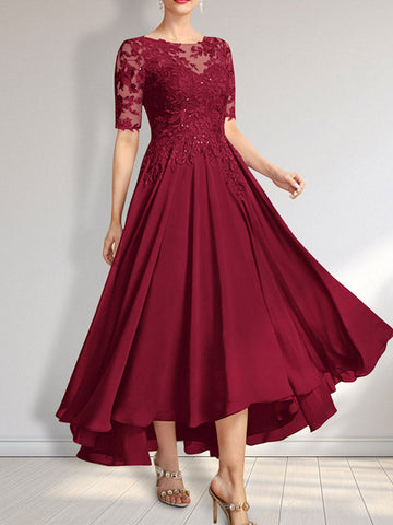 A-line Scoop Illusion Asymmetrical Chiffon Lace Mother of the Bride Dress With Sequins