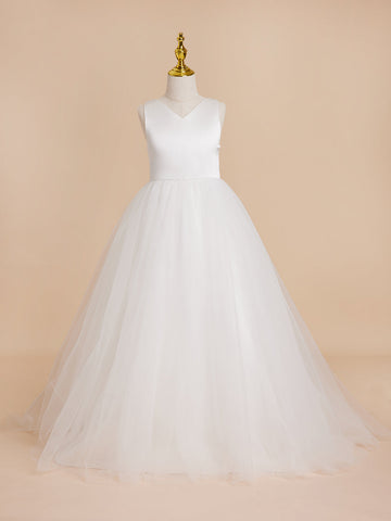 Classic White A-line Sleeveless Satin and Tulle Flower Girl Dress