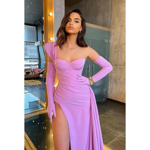 Vestido de noche largo de fiesta con escote corazón y un hombro fruncido