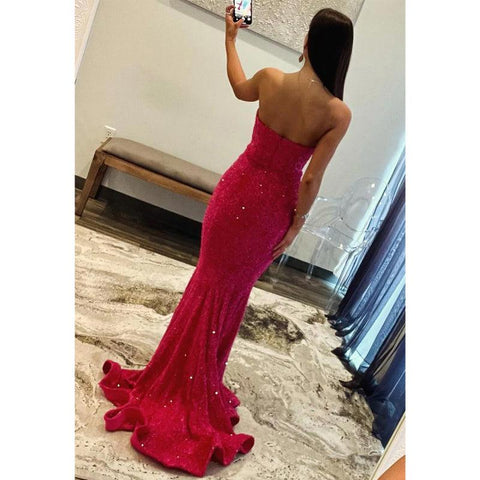 Vestido de noche sexy con escote en V, sin tirantes, con lentejuelas y corte trompeta para fiesta y graduación 