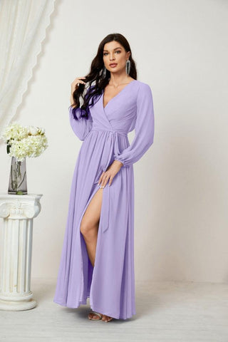 Sunnderly Evening Dresses Deep V-Neck Chiffon Bridesmaid Dresses Long Bishop Sleeve Side Split Formal Dress SY2806