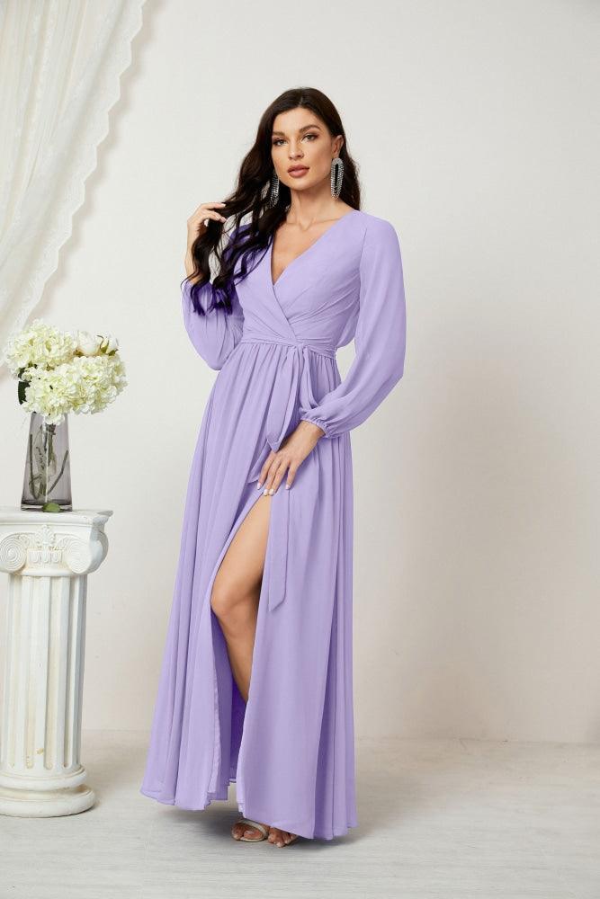 Numbersea Evening Dresses Deep V-Neck Chiffon Bridesmaid Dresses Long Bishop Sleeve Side Split Formal Dress 2806