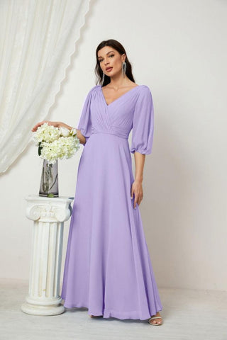 Baoleely  Formal Prom Gown Women V-Neck Chiffon Bridesmaid Dresses Long Bishop Sleeve Party Dress 2807