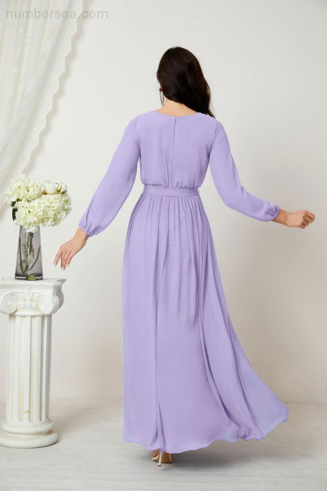 Numbersea Evening Dresses Deep V-Neck Chiffon Bridesmaid Dresses Long Bishop Sleeve Side Split Formal Dress 2806