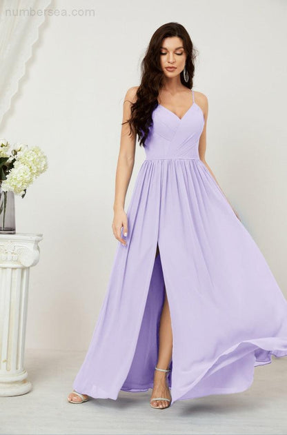 Numbersea  Neck Bridesmaid Dresses Chiffon Long Spaghetti A-line Formal Prom Gown for Wedding Party Evening 2801