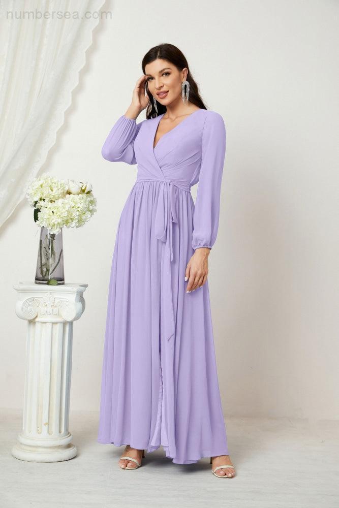 Numbersea Evening Dresses Deep V-Neck Chiffon Bridesmaid Dresses Long Bishop Sleeve Side Split Formal Dress 2806