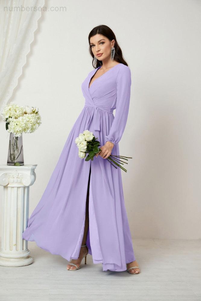 Numbersea Evening Dresses Deep V-Neck Chiffon Bridesmaid Dresses Long Bishop Sleeve Side Split Formal Dress 2806