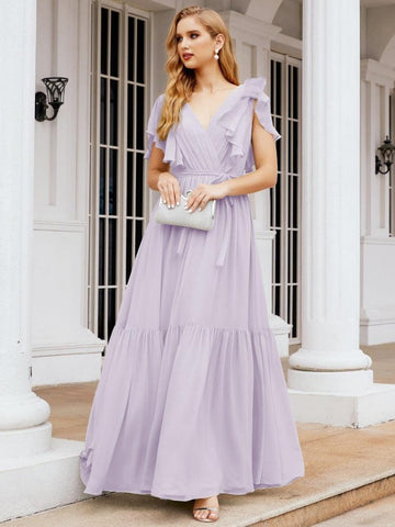 Baoleely Women's Open Back Formal Evening Party Prom Gowns V-Neck Long Chiffon Bridesmaid Dresses with Waist Belt 28038